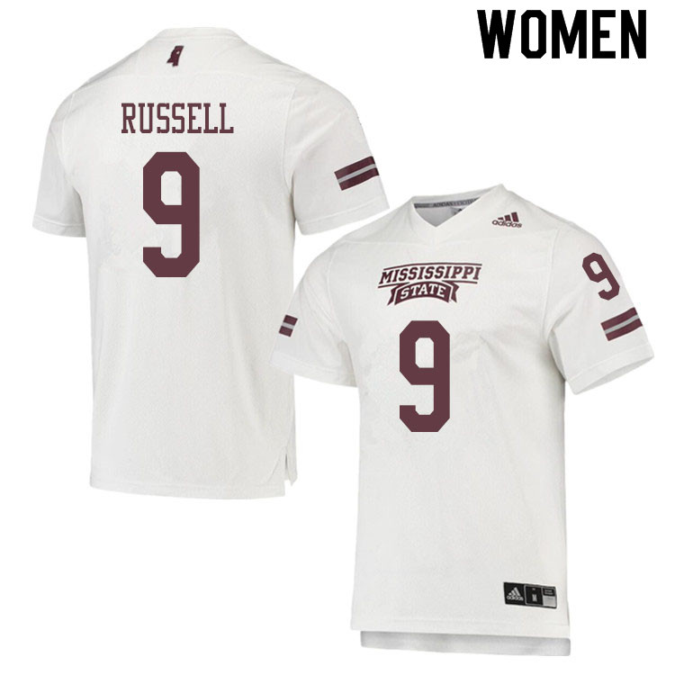 Women #9 De'Monte Russell Mississippi State Bulldogs College Football Jerseys Sale-White - Click Image to Close